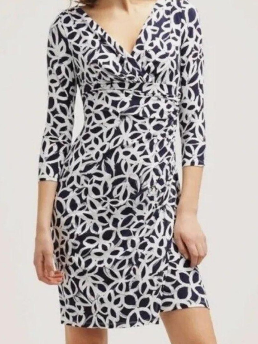 Lauren Ralph Lauren Navy and White Printed V-Neck Wrap Dress